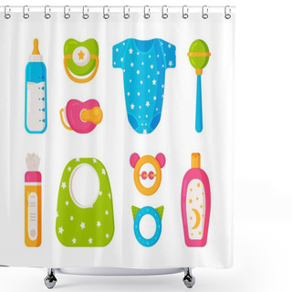 Personality  Vector Illustration Of A Baby Care And Play Kit. Baby Kit. Baby Kit: Baby Carrier, Pacifier, Toys, Rattles, Powder, Bib, Shampoo And Milk. Colored Baby Icons Shower Curtains