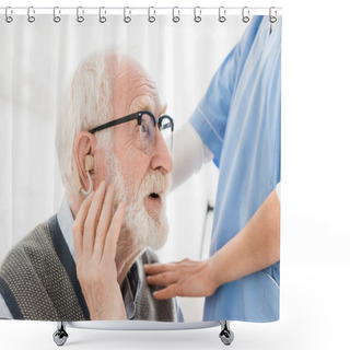Personality  Profile Of Happy Bearded Man With Hearing Aid, Looking Away Shower Curtains