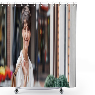 Personality  Happy Senior Woman With Short Hair Holding Shopping Bags And Looking At Camera, Outdoor Mall, Banner Shower Curtains