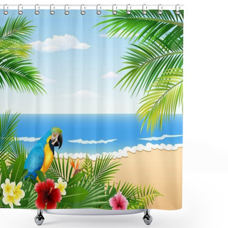 Personality  Card With Tropical Beach, Tropical Plants And Parrot Shower Curtains