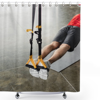 Personality  Cropped View Of Sportsman Exercising With Elastics Near Fitness Mat  Shower Curtains