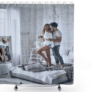 Personality  Happy Couple Flirting On Bed Shower Curtains