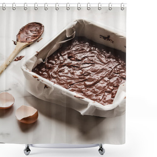 Personality  Overhead Of Uncooked Chocolate Brownie In Baking Tin Shower Curtains