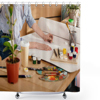 Personality  Cropped Shot Of Young Female Artist Drawing On Table In Studio Shower Curtains
