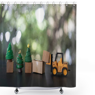 Personality  Toy Trucks With Wooden Blocks Move To Decoration In Christmas Day. Christmas And New Year Celebration Concept Shower Curtains