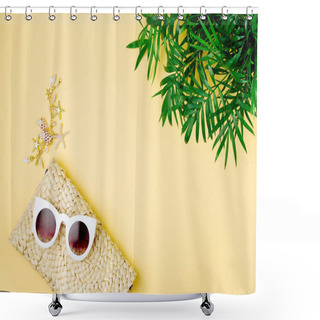 Personality  Tropical Leaves And Beach Bag With Sunglasses On Yellow Background. Top View, Flat Lay. Shower Curtains