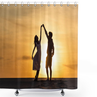 Personality  Silhouettes Of Man And Woman Dancing On Beach Against Sun During Sunset Shower Curtains