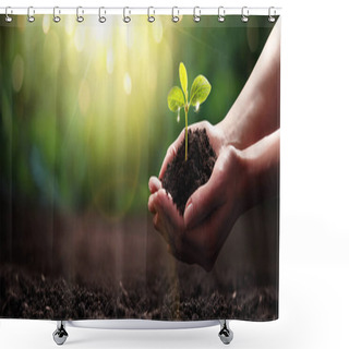 Personality  Plant In Hands. Ecology Concept. Nature Background Shower Curtains