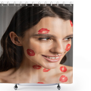 Personality  Portrait Of Happy Woman With Piercing And Red Lipstick Marks On Face Looking Away Isolated On Grey Shower Curtains