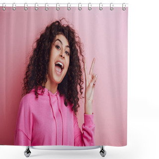 Personality  Excited Bi-racial Girl Showing Victory Gesture While Looking At Camera On Pink Background Shower Curtains