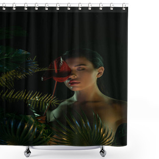Personality  Woman With Closed Eyes Covering Face With Flower Near Leaves Isolated On Black Shower Curtains