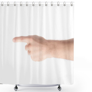 Personality  Cropped View Of Man Pointing Left With Finger Isolated On White Shower Curtains