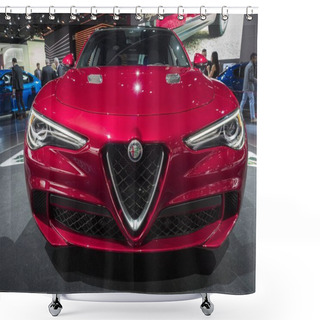 Personality  DETROIT, US - JANUARY 15, 2018: Alfa Romeo Stelvio On Display During The North American International Auto Show At The Cobo Center In Downtown Detroit. Shower Curtains