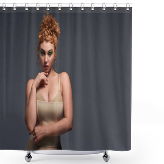 Personality  Pensive Red Haired Woman With Curvy Body Touching Chin While Standing In Beige Lingerie On Grey Shower Curtains