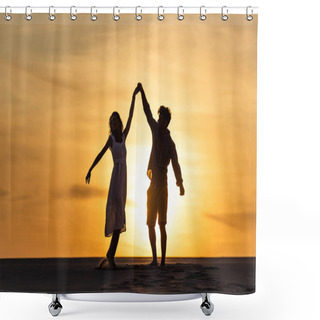 Personality  Silhouettes Of Man And Woman Dancing On Beach Against Sun During Sunset Shower Curtains