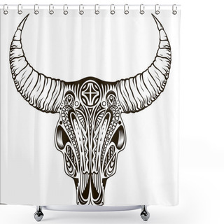 Personality  Boho Chic, Ethnic, Native American Or Mexican Bull Skull With Feathers On Horns. Tribal Hand Drawn Vector Illustration Shower Curtains