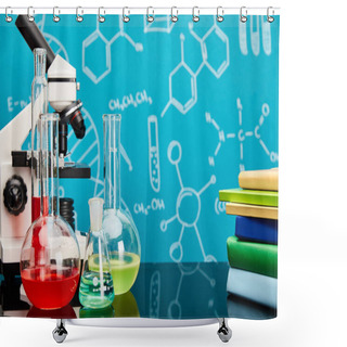 Personality  Books, Microscope, Glass Test Tubes And Flasks With Colorful Liquid On Blue Background With Molecular Structure Shower Curtains