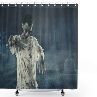 Personality  Halloween Horror Concept. Picture Of A Creepy Zombie Man Walking Around On The Grave. Shot At Night Time Shower Curtains