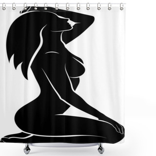 Personality  Sitting Woman Massaging Her Head - Vector Monochromatic Illustration Shower Curtains