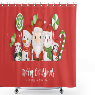 Personality  Happy Christmas Background With Santa Clause And Friends. Shower Curtains