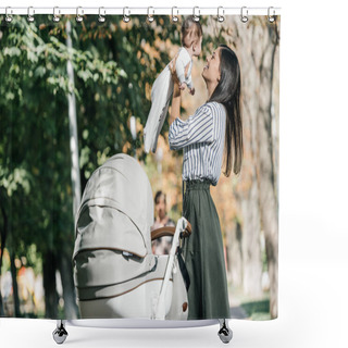 Personality  Happy Mother Holding Baby Near Stroller In Park  Shower Curtains