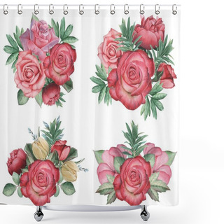 Personality  Hand Painted Watercolor Charming Combination Of Flowers And Leaves, Isolated On White Background. Shower Curtains