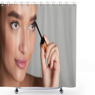 Personality  Beauty Concept. Lady Applying Black Mascara On Eyelashes Shower Curtains