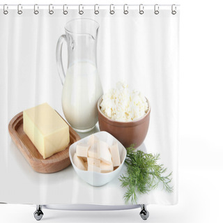 Personality  Fresh Dairy Products With Greens Isolated On White Shower Curtains