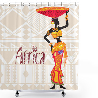 Personality  Beautiful Black African Woman In Ethnic Dress On Tribal Ornament Background. Africa Theme. Poster Or Card Template. Doodle Style Freehand Lettering. Shower Curtains