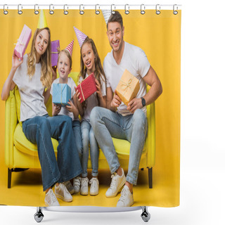 Personality  Cheerful Parents And Kids In Birthday Party Caps Holding Gift Boxes On Sofa On Yellow  Shower Curtains