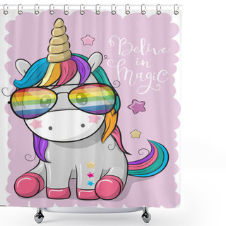 Personality  Cute Unicorn With Sun Glasses Shower Curtains