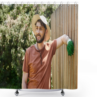 Personality  Handsome And Bearded Farmer In Sun Hat Standing Near Fence In Countryside, Rural Lifestyle Shower Curtains