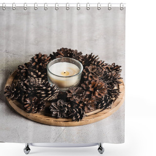 Personality  Scented Candle With Pine Cones On Wooden Plate On Grey And Textured Background Shower Curtains