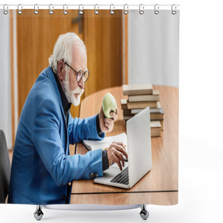 Personality  Grey Hair Professor Holding Apple And Using Laptop Shower Curtains