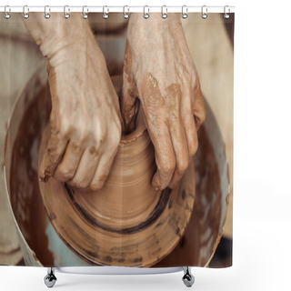 Personality  Close Up Of Male Craftsman Working On Potters Wheel Shower Curtains