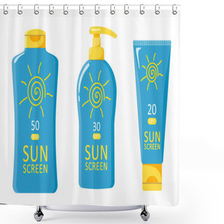 Personality  Bottles Icons With Sunscreen. Vector Isolates On A White Background Shower Curtains