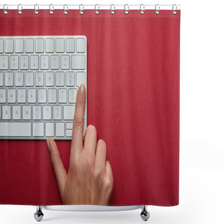 Personality  Cropped View Of Woman Pushing Button On Computer Keyboard On Red Background  Shower Curtains