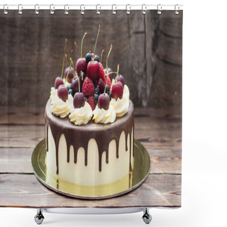Personality  Vanilla Cake With Melted Chocolate, Swiss Meringue Frosting, Fresh Cherries, Strawberries, Raspberries, Blueberries.  Shower Curtains