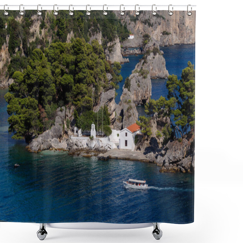 Personality  View Of The Orthodox, Christian Church Of The Mother Of God On A Small Island In A Sunny, Summer Day (resort City Parga, Region Of Epirus, Greece) Shower Curtains