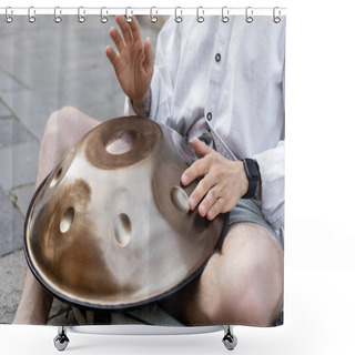 Personality  Cropped View Of Street Musician Performing Hang Drum On Urban Street  Shower Curtains