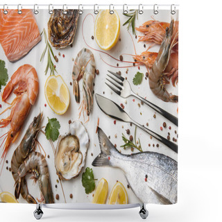 Personality  Raw Fish And Assorted Seafood With Herbs And Lemons Isolated On White Shower Curtains