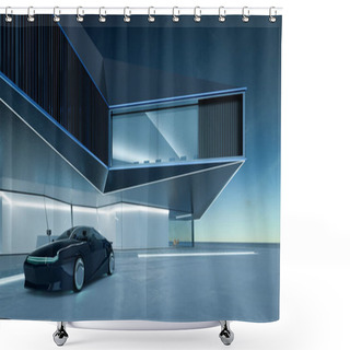 Personality  Brandless Electric EV Concept Car Park In Front Of Modern Building. 3d Rendering With My Own Creative Design. Shower Curtains