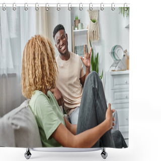 Personality  Happy Black Man Smiling While Communicating With Sign Language With Girlfriend, I Love You Sign Shower Curtains