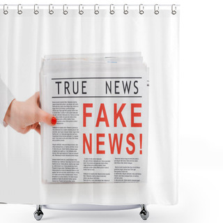 Personality  Partial View Of Woman Holding Pile Of Newspapers With Fake And True News Isolated On White Shower Curtains