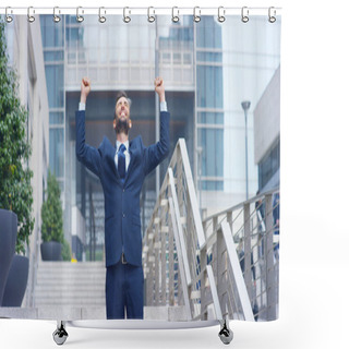 Personality  Among The Skyscrapers A Businessman After Looking At The Cell Rejoices And Begins To Dance For Promotion Or For Victory. Concept: Betting, Finance, Teamwork, Dance And Careers Shower Curtains