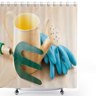 Personality  Gardening Tools On Wooden Background Shower Curtains