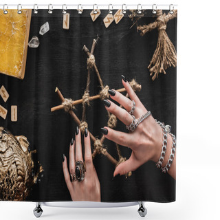 Personality  Cropped View Of Witch Touching Pentagram Near Runes, Book, Crystals, Skull And Voodoo Doll On Black  Shower Curtains