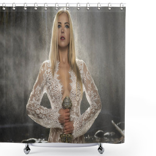 Personality  The Legend Of Lady Of The Lake, Beautiful Woman With Sword In White Lace Underwear, Fantasy Image Shower Curtains