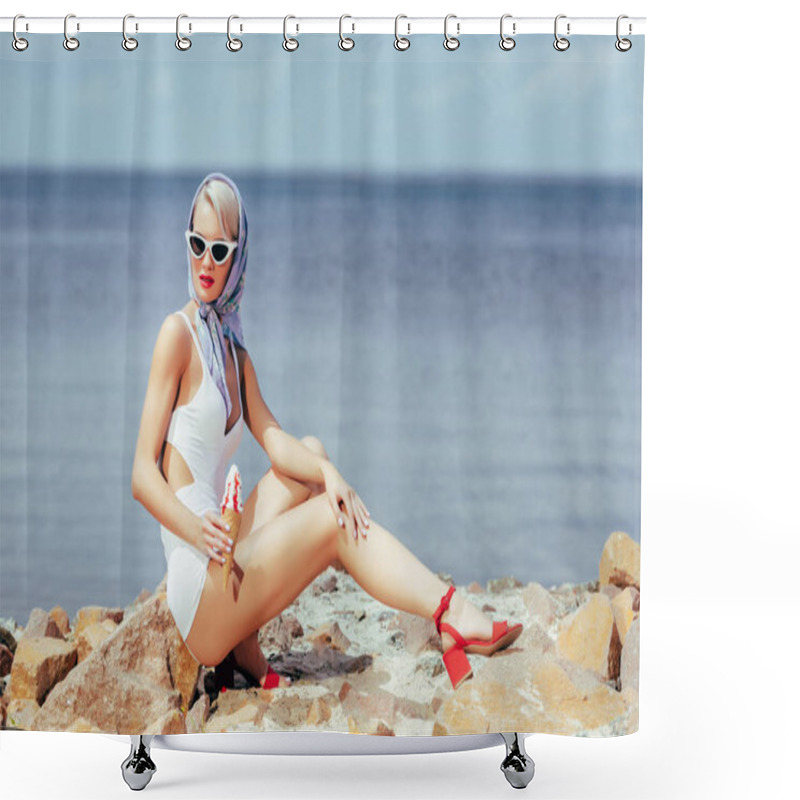 Personality  Young Stylish Woman In Vintage Swimsuit Holding Ice Cream And Posing On Rocky Beach Shower Curtains
