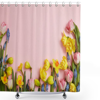 Personality  Top View Of Beautiful Pink Tulips, Blue Hyacinths And Yellow Daffodils On Pink Background Shower Curtains